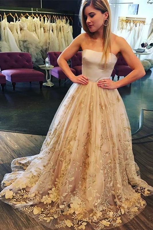 Strapless Sweep Train A Line Long Prom Dress With Floral Appliques PFP ...