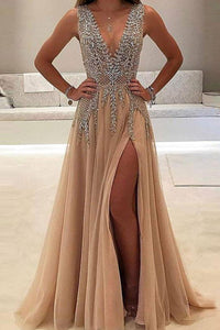 A-line V-neck Tulle Sexy Shinny Rhinestone Long Prom Dress With Slit PFP0226