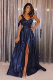 A-Line One-Shoulder Navy Blue Sequined Cheap Prom Dress with Split
