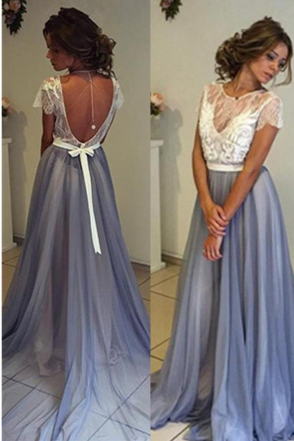 A-line Long Blue Open Back Lace Tulle Simple Cheap Beautiful Prom Dresses PFP1135