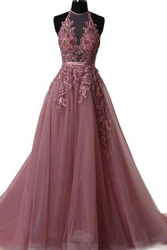 Halter Dusty Red Lace Appliques Tulle A line Long Prom Dresses PFP0228