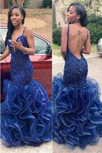 Gorgeous Blue Mermaid Long Open Back Spaghetti Straps Beading Prom Dresses PFP1137