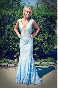 Light Blue Deep V-neck Long Lace Mermaid Prom Dresses PFP1138