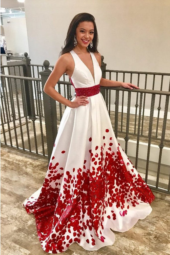 Charming Red Beaded Floral A Line Long Prom Dresses with Deep V-Neck PFP0229