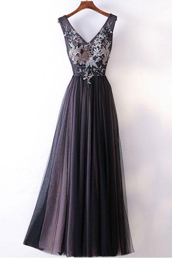 Elegant A-line V-neck Lace Appliqued Lace Up Long Prom Dresses Evening Gowns PFP0230