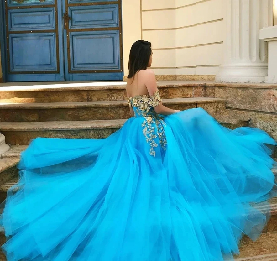 Promfast Off Shoulder Blue Gold Lace Prom Dresses, Long Lace Formal Ev