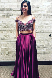 Two Piece Straps Beading Plum Purple Long Prom Dress With Pockets
