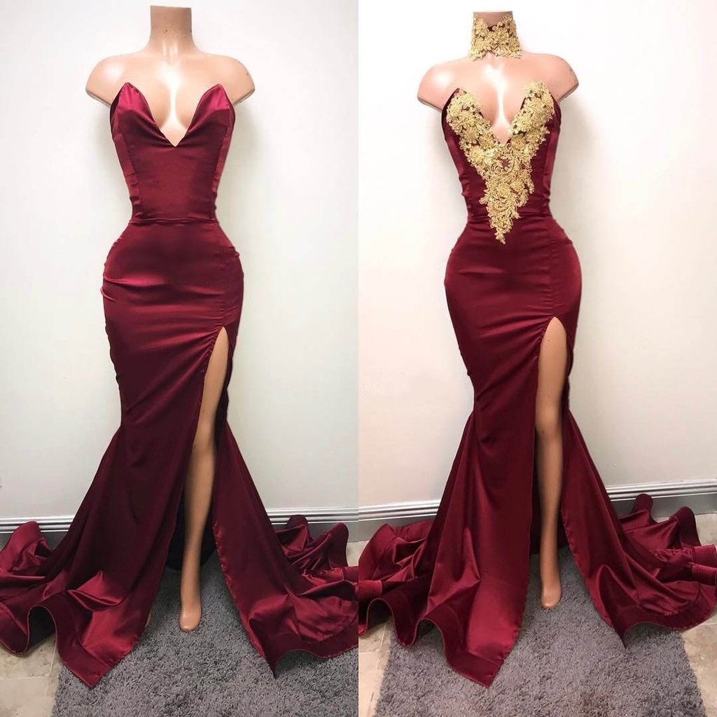 Elegant Burgundy Mermaid Appliques High Neck Split Sexy Prom Dress PFP ...