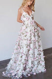 Princess A-line V-neck Straps Floral Lace Long Prom Dresses PFP0232