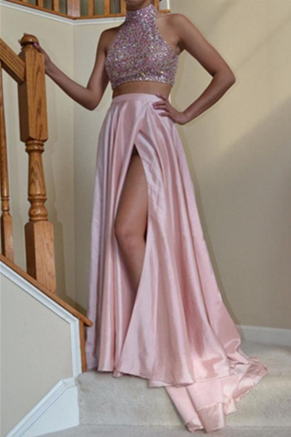 Pink Two Pieces Long Front Split Beading Prom Dresses PFP1146