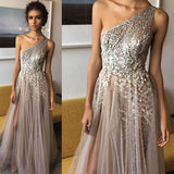 One Shoulder Tulle A Line Shinning Side Split Elegant Long Prom Dresses PFP0233