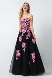 Black Sweetheart Flower Appliques Long A Line Tulle Prom Dresses,Evening Dresses PFP0235