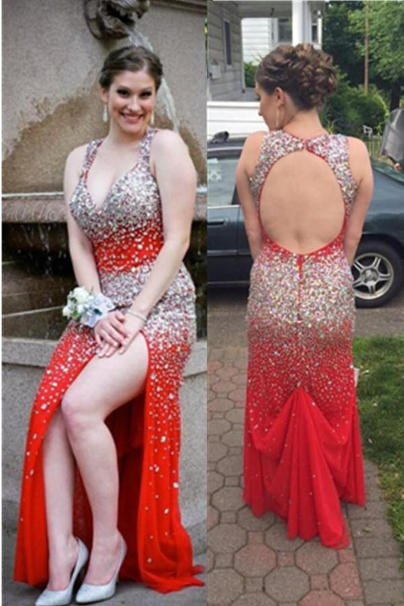 Sparkly Sexy Red Beaded Open Back V-neck Plus Size Prom Dresses PFP1152