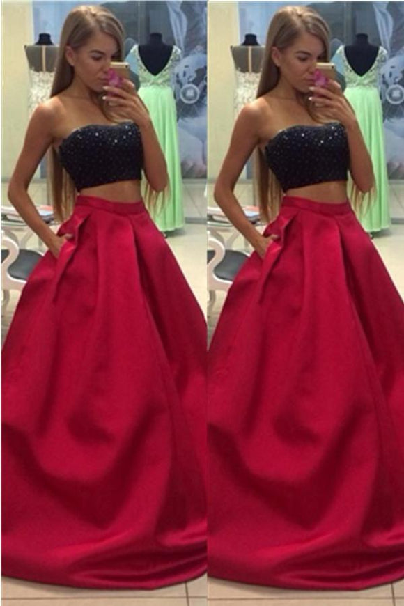 Red And Black Beading Two Pieces Handmade A-line Long Prom Dress PFP1156