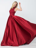 Cheap A-line Red High Neck Applique Satin Long Prom Dresses,Evening Dresses PFP0237