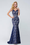 Elegant Mermaid Scoop Sleeveless Blue Lace Long Prom Dresses,Evening Dresses PFP0238