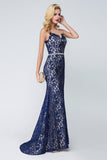 Elegant Mermaid Scoop Sleeveless Blue Lace Long Prom Dresses,Evening Dresses PFP0238