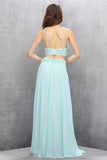 Mint Chiffon Two Pieces Beading Backless Formal Prom Dresses PFP1159