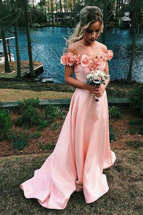 New Arrival Off the Shoulder A Line Pink Satin Long Prom Dress with Flowers PFP0240