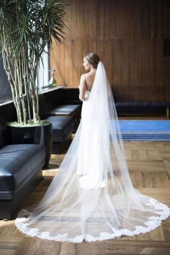 Alencon Lace Partial Applique Long Veil for Wedding