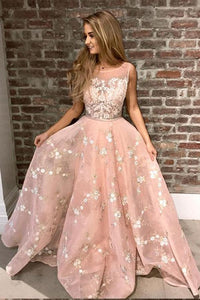 Stylish A-Line Round Neck Pink Prom Dress with Lace Appliques Online PFP0243