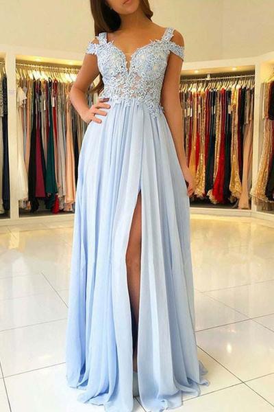Cheap Light Blue Chiffon Split Long Prom Dresses With Lace Appliques PFP0244