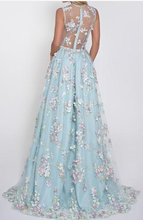 Floral Lace Deep V-neck A Line Light Sky Blue Princess Prom Dress PFP0   Promfast