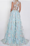 Floral Lace Deep V-neck A Line Light Sky Blue Princess Prom Dress PFP0245