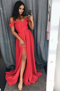 Unique Cold Shoulder Red Satin Straps A Line Long Prom/Evening Dress with Split PFP0247