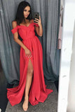 Unique Cold Shoulder Red Satin Straps A Line Long Prom/Evening Dress with Split PFP0247
