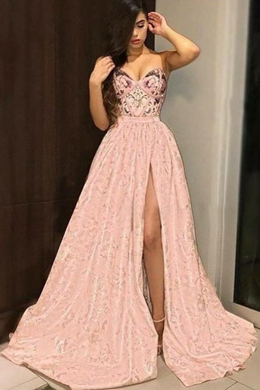 Princess A-Line Sweetheart Pink Long Prom Dress with Split Appliques PFP0250
