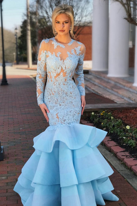 Elegant Long Sleeves Mermaid Blue Lace Layered Prom Dress with Open Ba Promfast Elegant Long Sleeves Mermaid Blue Lace Layered Prom Dress with Open Ba Promfast