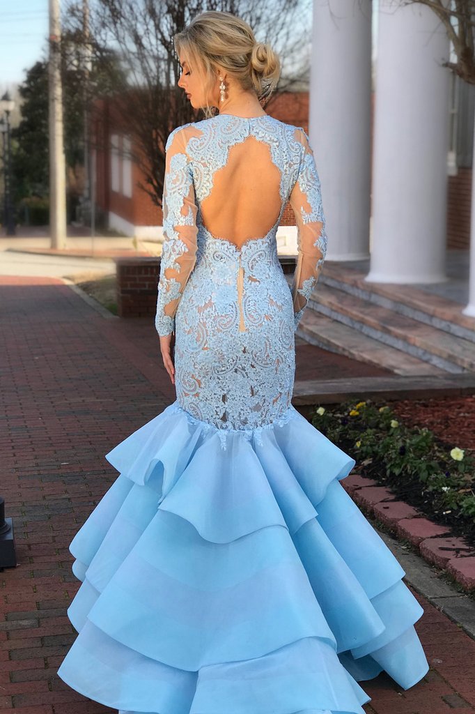 Elegant Long Sleeves Mermaid Blue Lace Layered Prom Dress with Open Ba –  Promfast