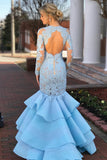 Elegant Long Sleeves Mermaid Blue Lace Layered Prom Dress with Open Back PFP0251