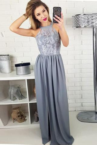 Modest Long Grey Lace Top Sleeveless Split Prom Dresses,Evening Dress PFP0252