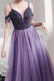 Promfast Elegant Cold Shoulder Beaded Lilac Tulle Long Prom Dress PFP1879