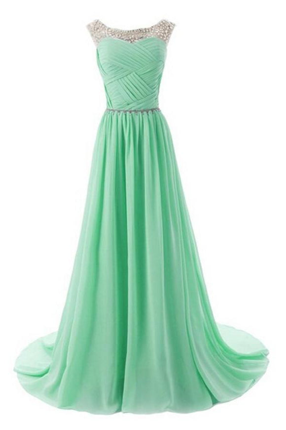 Real Beautiful Mint Long Chiffon Beading Elegant Prom Dresses PFP1168