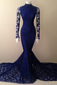 Classy Long Sleeves Lace High Neck Sheath Mermaid Prom Dresses PFP1169