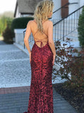 Sexy Sheath Mermaid Spaghetti Straps Criss Cross Burgundy Sequined Prom Dress PFP0256