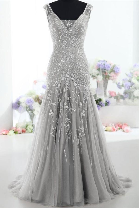 Modest Silver V-neck Long Mermaid Lace Up Prom Evening Dresses PFP1172