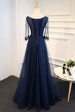 Navy Blue Tulle A-line Flower Appliques Prom Dress With Sleeves,Long Formal Evening Dress PFP0257