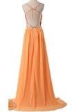 Spaghetti Straps Long Orange Chiffon Beading Prom Dresses PFP1173