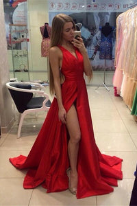 Sexy Light Red Long Front Split Simple Cheap Prom Dresses PFP1174