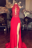 Red lace high neck long slit prom dress,formal evening dress for girls PFP0262