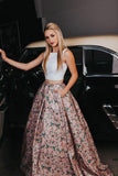 Two Pieces A-line Scoop Floral Printed Modest Long Prom Dress With Pockets PFP0263