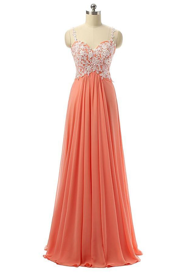 Beautiful Coral Chiffon White Lace Long Prom Dresses With Straps PFP1179