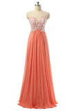 Beautiful Coral Chiffon White Lace Long Prom Dresses With Straps PFP1179
