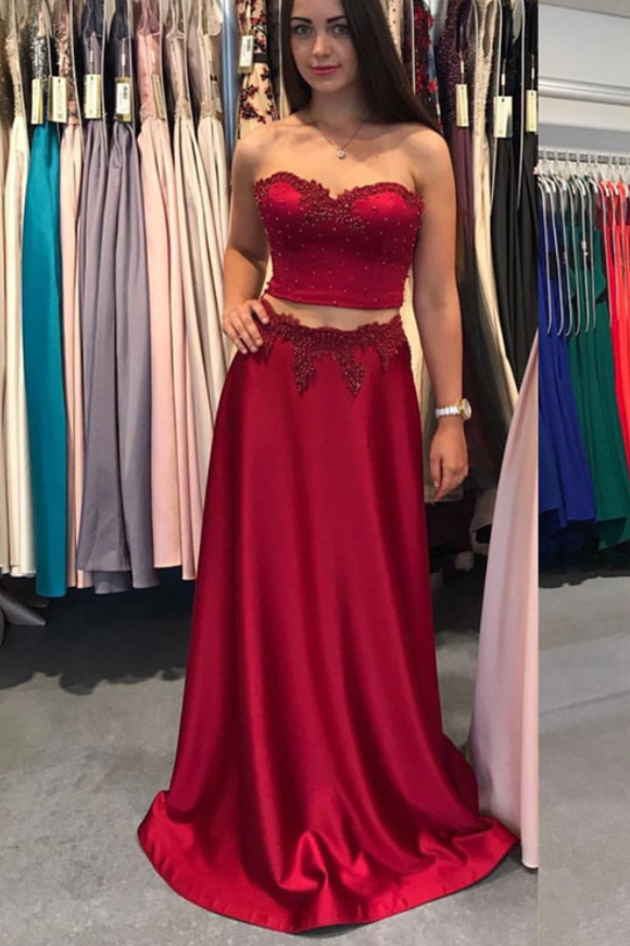 Unique Two Piece Long Satin Sweetheart Burgundy Prom Dress PFP0264