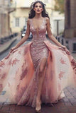 Charming Sweep Train Deep V Neck Pink Tulle Prom Dress with Lace Appliques PFP0265