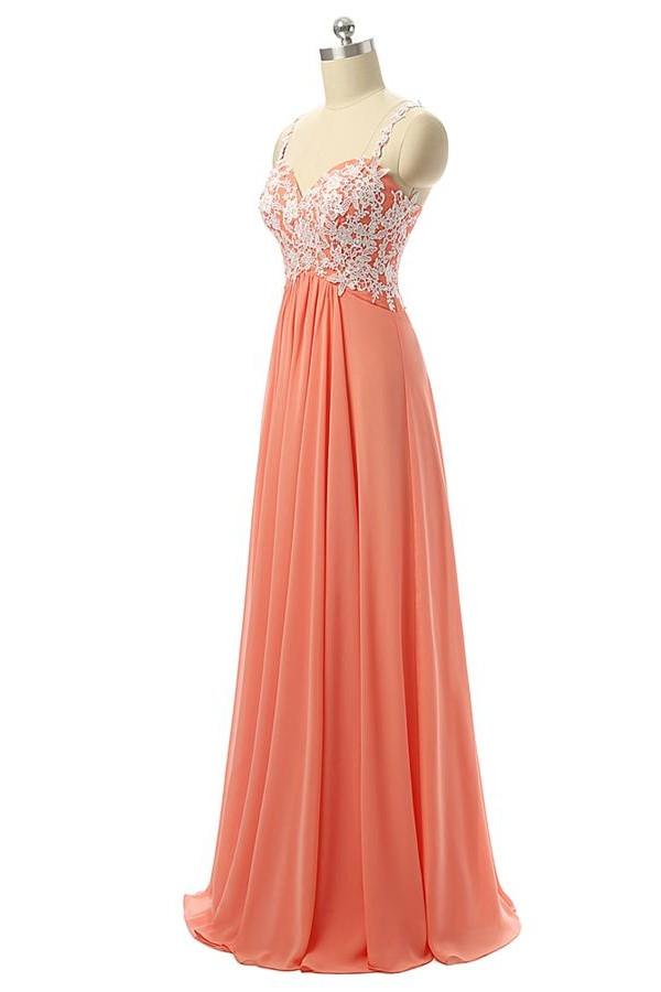 Beautiful Coral Chiffon White Lace Long Prom Dresses With Straps PFP11 –  Promfast